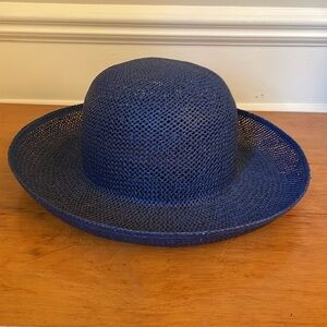 Vintage 90s Golf Sun Hat Woven Straw Cobalt Blue Wide Brim One Size Elastic Band